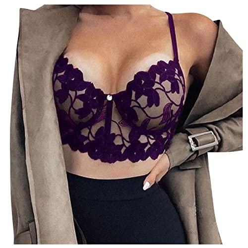 LUNULE Bikini Damen Sexy Outfit Für Damen Bluse Mit Flügelärmel Blumenspitze Crop Top Sexy Tiefer Ausschnitt Kurz Shirt Einfarbig Transparent Oberteil Langarmshirt Damen V-Ausschnitt Lila XXL von LUNULE