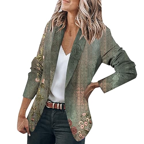 LUNULE Blazer Damen Elegant Business Outfit Vintage Blumendruck Knopf Open Front Jacke Casual Langarm Cardigan Arbeit Büro Sommer Leicht(Grün,XL) von LUNULE