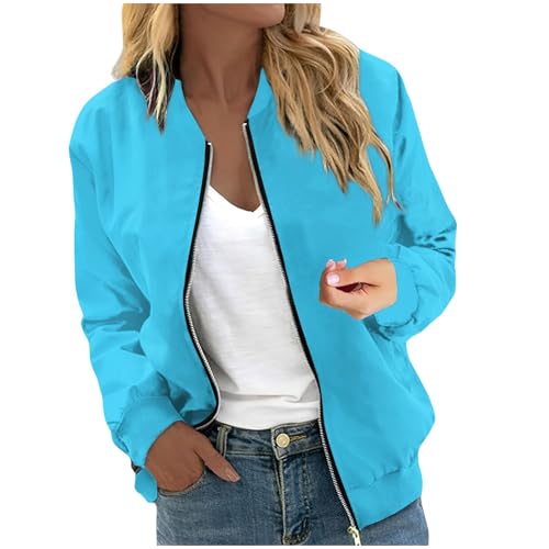 LUNULE Bomberjacke Damen Sommer Jacken Backprint Langarm Coat Jacke Mit Reißverschluss Leichte Blouson College Dünne Sommerjacke(Blau,L) von LUNULE