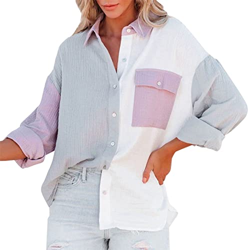LUNULE Damen Langarmhemd Bunte Patchwork Hemd Langarm Revers Freizeithemd mit Brusttasche Herbst und Winter Lose Hemdbluse Button Down Hemdjacke Knopfhemd Oberteile Bluse Tops T-Shirts Tee Blusentops von LUNULE
