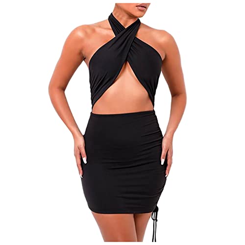 LUNULE Damen Strandkleid Sexy Rückenfrei Minikleid Ärmellos Ausgeschnitten Partykleid Neckholder Knielangen Abendkleid für Female Party Cocktail Club Cocktailkleid Einfarbig Freizeitkeid Damen Kleider von LUNULE