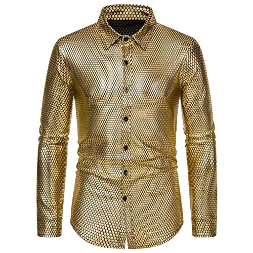 LUNULE Herren Hemd Langarm einfarbig Pailletten Hemd 70er Langarm Disco Party Kostüm Metallic Glänzend Bronzing Nachtklub Party Hemd Disco-Hemd Paillettenhemd Regular Fit Freizeitshemd Casual Shirt von LUNULE