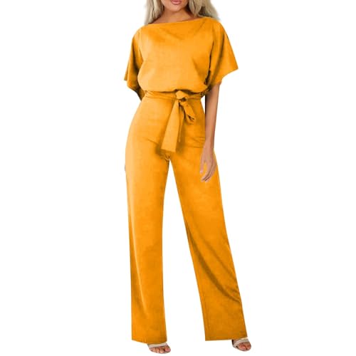 LUNULE Jumpsuit Damen Sommer Einfarbig Overall Weites Bein Bodysuit Kurzarm Hosenanzug Bequeme Hochzeitsgast Business Outfit Set Mode 2 Teilig Casual Romper Loungewear von LUNULE