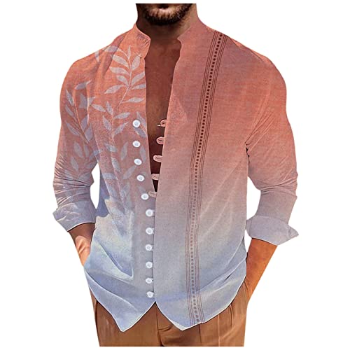 LUNULE Langarm Shirts Herren Funktionsshirt Vintage Drucken Stehkragen Hemden Mit Knöpfen Casual Gradient Freizeithemd Basic Hemd Kariertes von LUNULE
