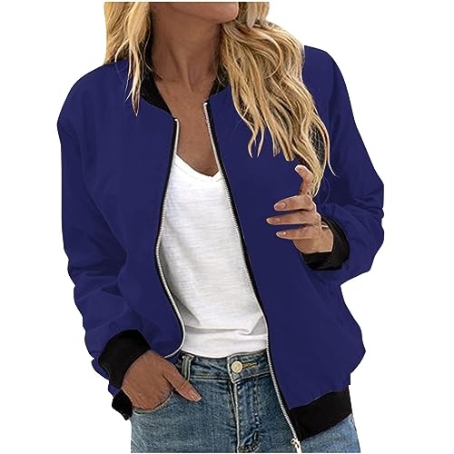 LUNULE Leichte Sommerjacke Damen Jeansjacke Einfarbig Langarm Kurz Coat Mit Reißverschluss Blouson Dünne Jacke Bomberjacke Sommer(Dunkelblau,M) von LUNULE
