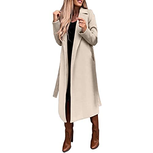 LUNULE Mantel Damen Lang Faux Wollmantel mit Gürtel einfarbig Klassischer Gehschlitz Elegant Trenchcoat Freizeit Cardigan Revers Overcoat Outwear Herbstjacke Übergangsmantel Herbst Frühling Winter von LUNULE