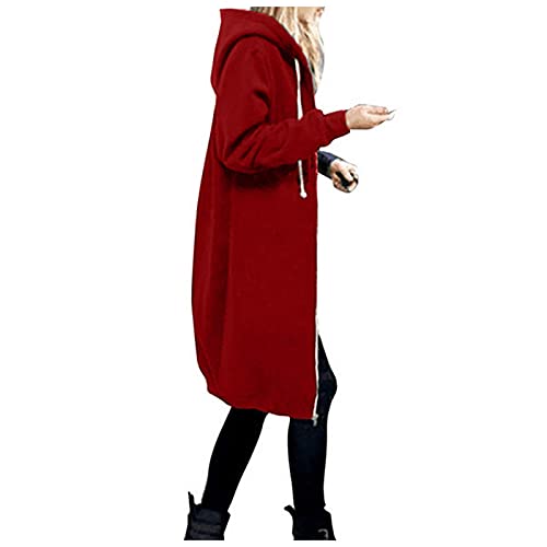 LUNULE Sweatjacke Damen Mit Kapuze Langarm Übergangsjacke Elegant Einfarbig Wintermantel Hoodies Jacke Casual Warm Fleecejacke(Rot,XL) von LUNULE