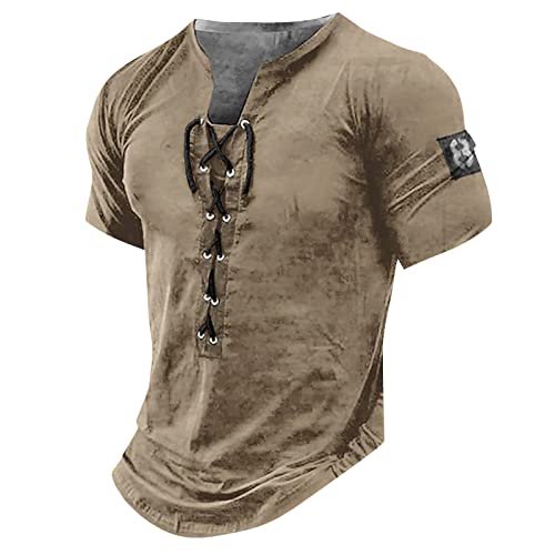 LUNULE Sweatshirt Herren Basic Tops Herren Mode MäNner Mittelalter Retro SchnüRen Henley Shirt V-Ausschnitt Kurzarm Vintage Casual Tshirts Sommer Outdoor T-Shirt Herren Schwarz (Braun, L) von LUNULE