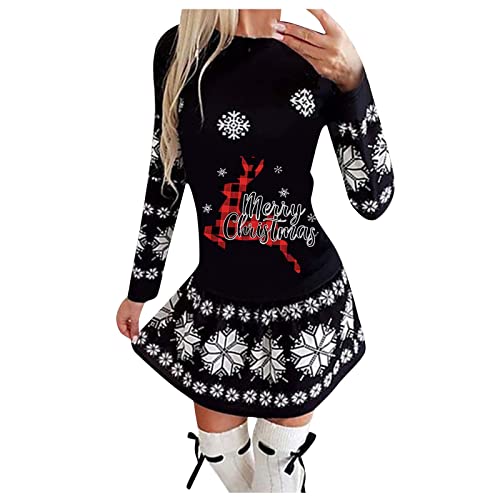 LUNULE Weihnachtskleid Damen Rentier Elch Drucken Plisseekleid Elegant Weihnachten Blusenkleid Knielang Lamgarm Rundhals Partykleid Locker Freizeit Sweatkleid A-Linie Festliche Kleider Festkleid von LUNULE