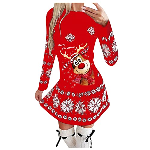 LUNULE Weihnachtskleid Damen Rentier Elch Drucken Plisseekleid Elegant Weihnachten Blusenkleid Knielang Lamgarm Rundhals Partykleid Locker Freizeit Sweatkleid A-Linie Festliche Kleider Festkleid von LUNULE