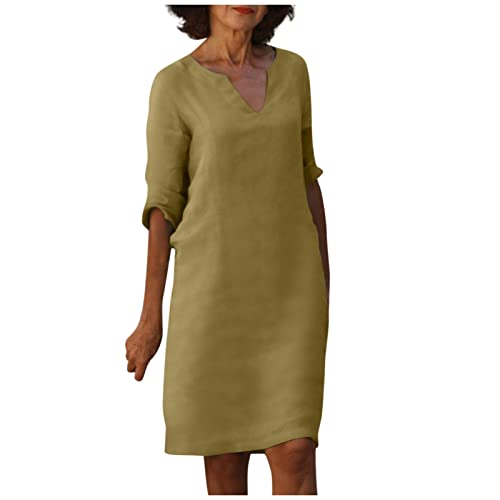 Langes Kleid Damen Kleidung Damen Blusenkleid Damen V-Ausschnitt Kurzarm Leinenkleider Knielang Einfarbig Baumwolle Leinen Blusenkleid LäSsige Tunika Bluse Boho Kleid A-Linie Sommerkleid Midi von LUNULE