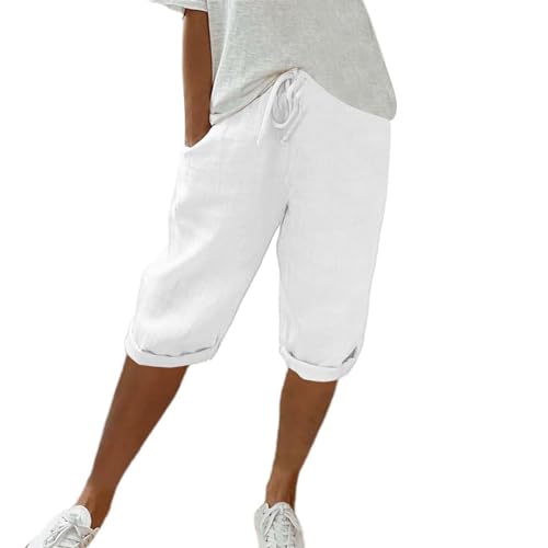 Leinenhose Damen, Cargo Shorts Damen Kurze Hosen Teenager Mädchen Einfarbig Knielang Kurze Hosen Leicht Und Luftig Leinenhose Damen Bermuda Baggy Shorts(Weiß,M) von LUNULE
