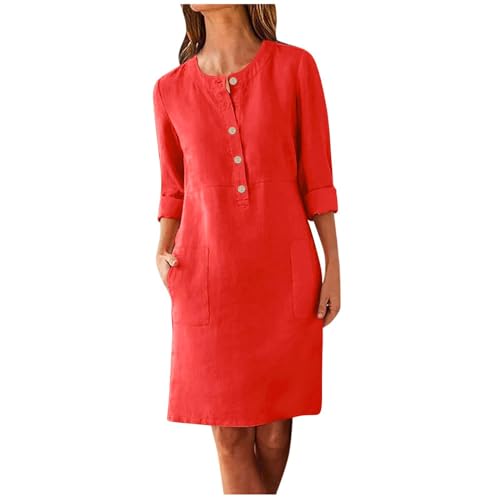 Leinenkleider DamenTunika Kleid Damen Sommer Strandkleid Weiß Einfarbig Baumwolle Leinen Hemdkleid Mit Tasche Button Down Rundhals Langarm Knielang Crossdresser Sportliche Kleider von LUNULE