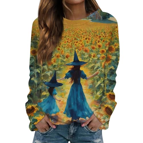 Pullover Für Damen Halloween Kostüm Engel Vintage Hexe Bedruckte Rundhals Langarm Sweatshirt Ohne Kapuze Leicht Casual Fleecepullover von LUNULE