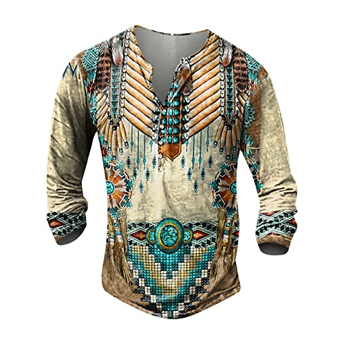 Unterhemd Herren Sweater herren pullover v ausschnitt 3D Druck Henley Shirt Freizeit Distressed Henley Hemd Indian Tribal Langarmshirt mit Knopfleiste V-Ausschnitt Sportshirt Outdoor Tactical Tshirts von LUNULE