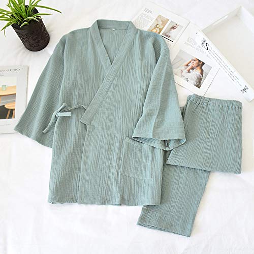 LUOY Damen Pyjama Set,2 Stück Frühling Sommer Damen Weiche Baumwolle Crêpe Nachtwäsche Grün Einfarbig Japanische Tops Bottoms Mädchen Yukata Homewear Robe Anzug, XL von LUOY