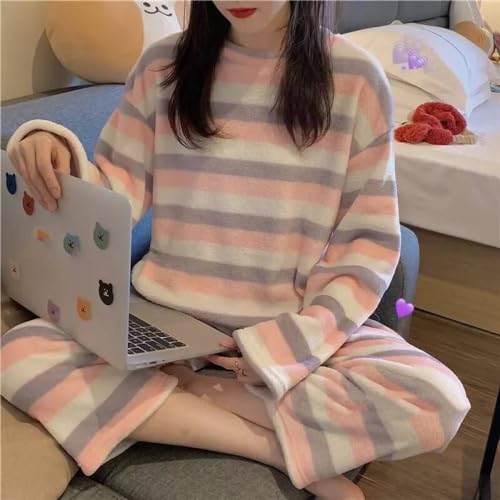 LUOY Damen Pyjama Set,Damen Winter Warm Soft Elegant Nachtwäsche Pink White Stripe Dick Rundhals Tops Hosen Flanell Bequeme Nachtwäsche Casual Thermal Homewear, M. von LUOY