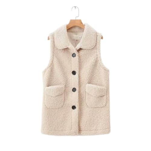 Longweste Damen,Fleece Lange Weste Damen, Winter Warme Ärmellose Westen Mit Revers Kunstpelzmantel Leichte Trendige Einfarbige Damen Übergangsweste Herbstmantel,Beige,L von LUOY