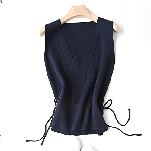 Sweater Pullunder,Damen Strickpullover Weste Mode Elegant Einfarbig Schnürung Slim Fit V-Ausschnitt Herbst Winter Ärmellos Pullover Gilets Pullover Stricken Tank Top Cami Weste Bluse,Dunkelblau,Xxl von LUOY