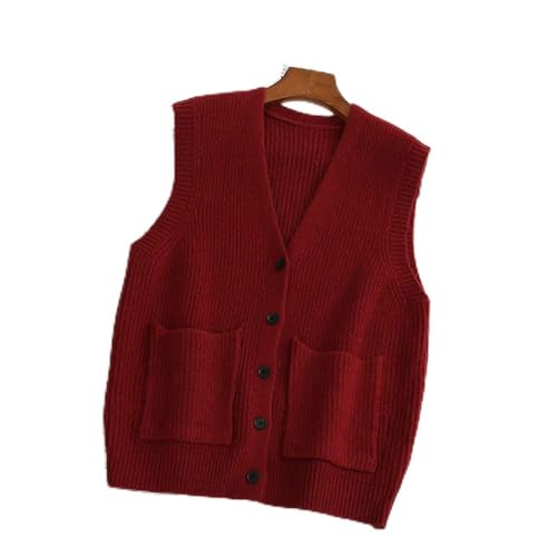 Sweater Pullunder,Damen Strickwesten Mode Casual Einfarbig Rippstrick V-Ausschnitt Herbst Winter Lose Ärmellose Knopf Cardigan Pullover Tank Top Cami Weste Bluse,Rot von LUOY