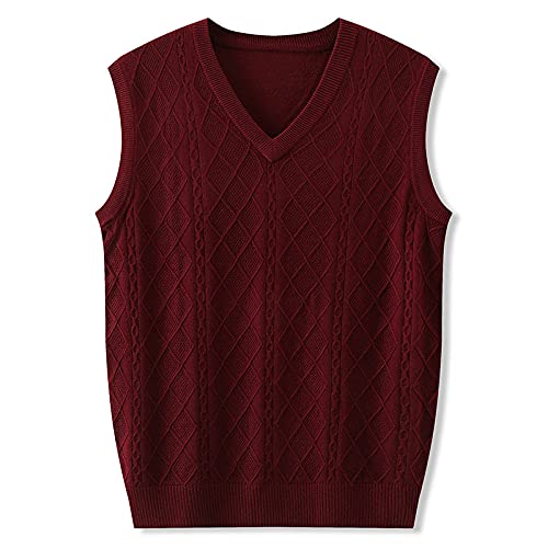 Sweater Pullunder,Herren Strickwesten Casual Plus Size Einfarbig Burgund Rot Argyle Kariert Jacquard V-Ausschnitt Herbst Winter Warm Ärmellos Strick Pullover Weste Pullover Weste Stricken Tank Tops von LUOY