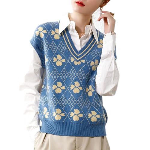 Sweater Vest,Damen Strickpullover Weste Mode Wollmischung Geometrische Argyle Karierte Blume Jacquard V-Ausschnitt Herbst Winter Lose Ärmellose Pullover Gilets Pullover Stricken Tank Top Cami Weste von LUOY