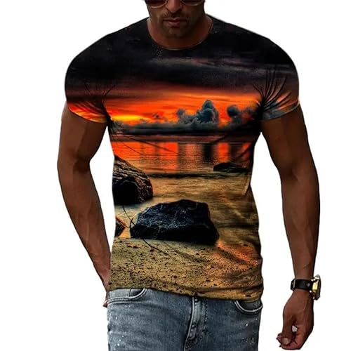 LUXINSHISU Abenddämmerung Seelandschaft 3D kurzärmlig Männer Frauen lässig T Shirt Erwachsene Studenten Rundhalsausschnitt Pullover Tops von LUXINSHISU