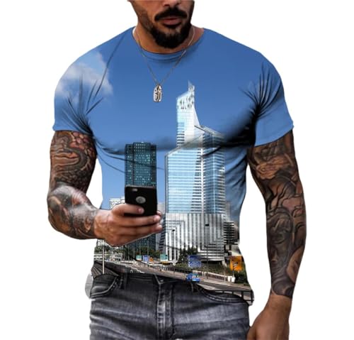 LUXINSHISU Blauer Himmel Architektur 3D kurzärmlig Männer Frauen lässig T Shirt Erwachsene Studenten Rundhalsausschnitt Pullover Tops von LUXINSHISU