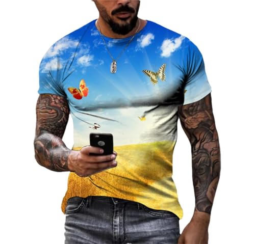 LUXINSHISU Blauer Himmel Schmetterling 3D kurzärmelig Männer Frauen Casual T-Shirt Erwachsene Studenten Rundhalsausschnitt Pullover Tops von LUXINSHISU