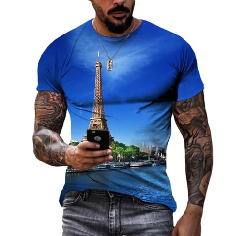 LUXINSHISU Blauer Himmel Turm 3D kurzärmlig Männer Frauen lässig T Shirt Erwachsene Studenten Rundhalsausschnitt Pullover Tops von LUXINSHISU