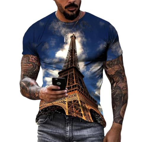 LUXINSHISU Blue Sky Paris Tower 3D kurzärmelige Männer Frauen lässig T Shirt Erwachsene Studenten Rundhalsausschnitt Pullover Tops von LUXINSHISU