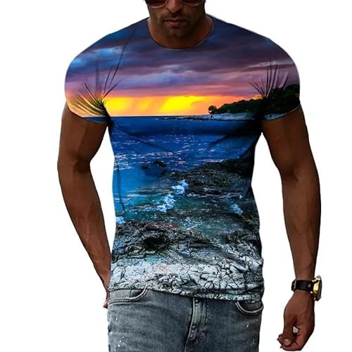 LUXINSHISU Bunte Wolken Seelandschaft 3D kurzärmlig Männer Frauen lässig T Shirt Erwachsene Studenten Rundhalsausschnitt Pullover Tops von LUXINSHISU