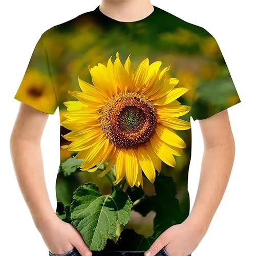 LUXINSHISU Gartenfeld Sonnenblume 3D kurzärmliges Herren Damen Freizeit T-Shirt Erwachsene Studenten Rundhalsausschnitt Pullover Tops von LUXINSHISU