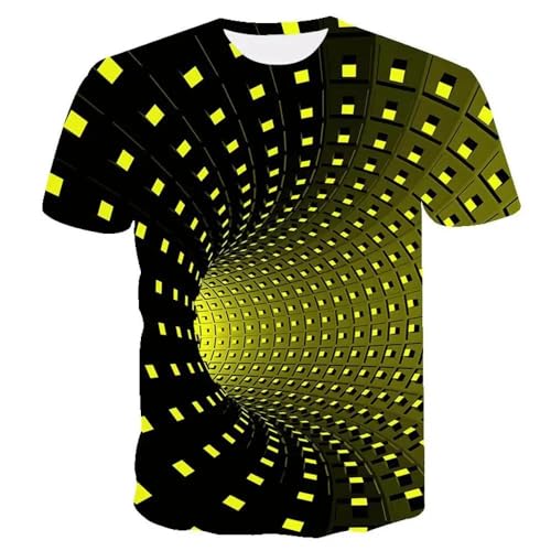 LUXINSHISU Gelbes dreidimensionales Plaid 3D kurzärmliges Jungen und Mädchen T-Shirt Studenten Rundhalsausschnitt Pullover Tops von LUXINSHISU