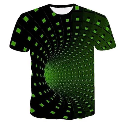 LUXINSHISU Grünes dreidimensionales Plaid 3D kurzärmliges Jungen und Mädchen Freizeit T-Shirt Studenten Rundhals Pullover Tops von LUXINSHISU