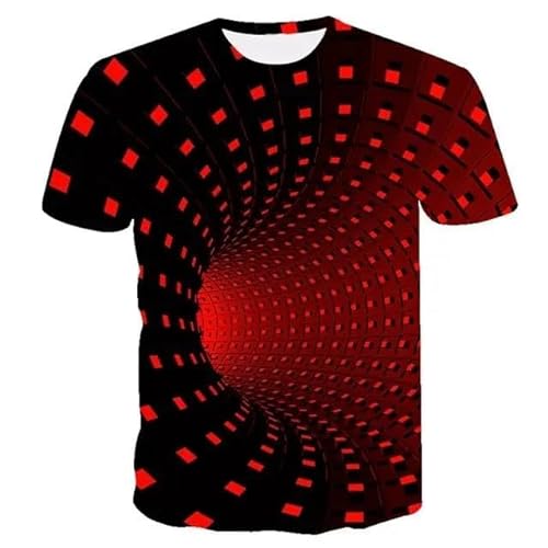 LUXINSHISU Rotes dreidimensionales Plaid 3D kurzärmliges Jungen und Mädchen Freizeit T-Shirt Studenten Rundhals Pullover Tops von LUXINSHISU