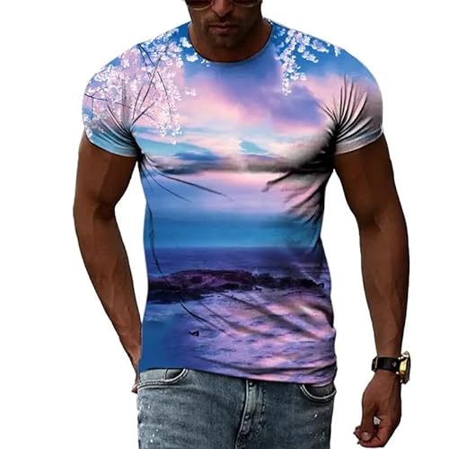 LUXINSHISU Seascape Kirschblüte 3D kurzärmlig Männer Frauen Casual T Shirt Erwachsene Studenten Rundhals Pullover Tops von LUXINSHISU