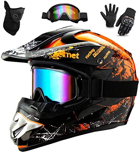 LVSENET Motocross-Helme für Kinder und Erwachsene, mit Handschuhen, Maske, Herren, Integralhelm, für Motocross, Kinder, Quad, Bike, Bergfahrrad, Zertifizierung (Orange, M (54 ~ 55 cm)) von LVSENET