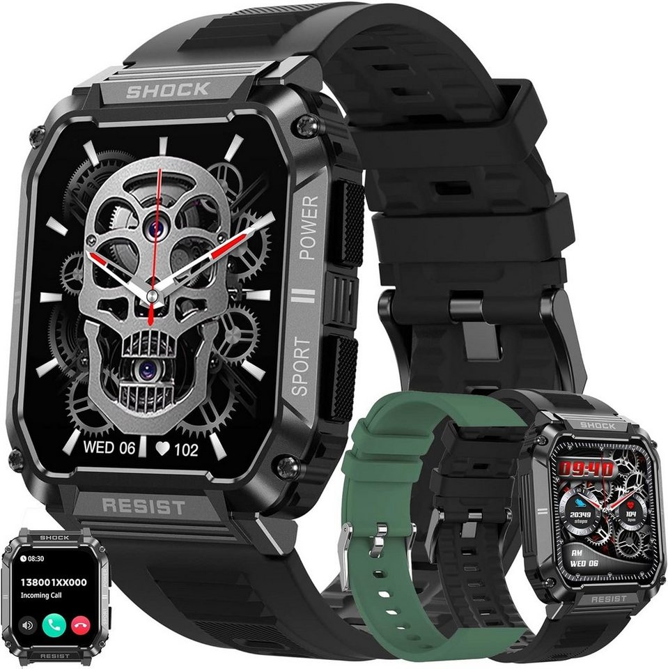 LWEARKD Noir Smartwatch (1,95 Zoll, Andriod iOS), mit Schrittzähler, Herzfrequenz, Militärische Fitnessuhr 123 Sportmodi von LWEARKD