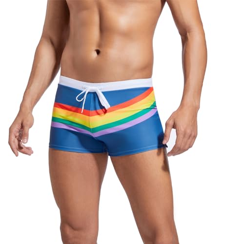 LXJYDN Badehose Männer Trendy Farbenfrohe Streifte Schnürschwimmstämme Schlanke Fit Sportshorts-Himmelblau-XL von LXJYDN