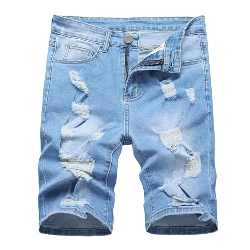 LXJYDN Kurze Hose Männer Retro Waschen Zerrissene Denim Shorts Casual Gerade Denim Shorts-Blau-32 von LXJYDN