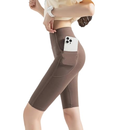 LXYUTY Yoga Hose Fünf Viertelhosen Taschen-Leggings Für Frauen, Die Sich Als Oberbekleidung, Hoch Taillierte, Bauchgeschnittene, Stolpernde Und Schlanke, Schlankende Radhosen Tragen Können-Braun-L von LXYUTY