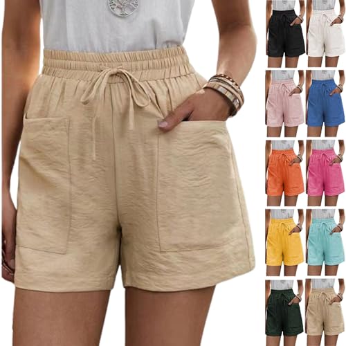 Solide Zwei Taschen, lockere, lässige Kurze Hose, Damen-Shorts aus Baumwollleinen mit Kordelzug, elastischer Taille und Taschen (3X-Large,Apricot) von LXYUTY