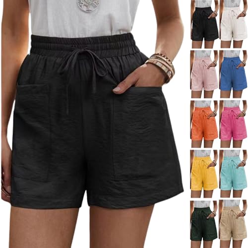 Solide Zwei Taschen, lockere, lässige Kurze Hose, Damen-Shorts aus Baumwollleinen mit Kordelzug, elastischer Taille und Taschen (3X-Large,Black) von LXYUTY