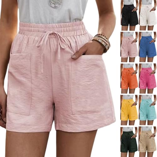 Solide Zwei Taschen, lockere, lässige Kurze Hose, Damen-Shorts aus Baumwollleinen mit Kordelzug, elastischer Taille und Taschen (3X-Large,Pink) von LXYUTY