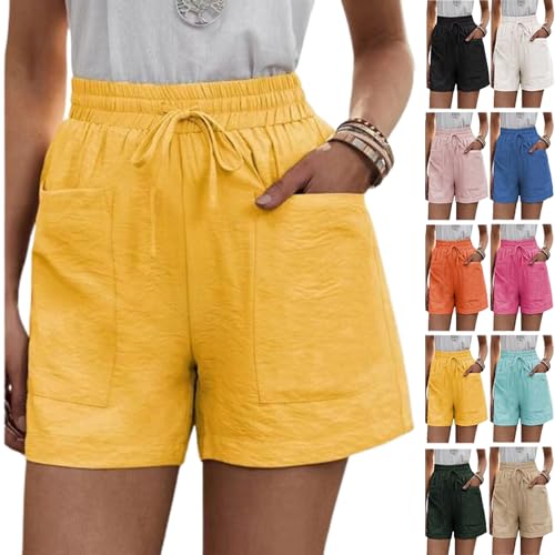 Solide Zwei Taschen, lockere, lässige Kurze Hose, Damen-Shorts aus Baumwollleinen mit Kordelzug, elastischer Taille und Taschen (3X-Large,Yellow) von LXYUTY