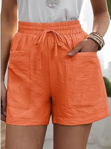 Solide Zwei Taschen, lockere, lässige Kurze Hose, Damen-Shorts aus Baumwollleinen mit Kordelzug, elastischer Taille und Taschen (4X-Large,Orange) von LXYUTY