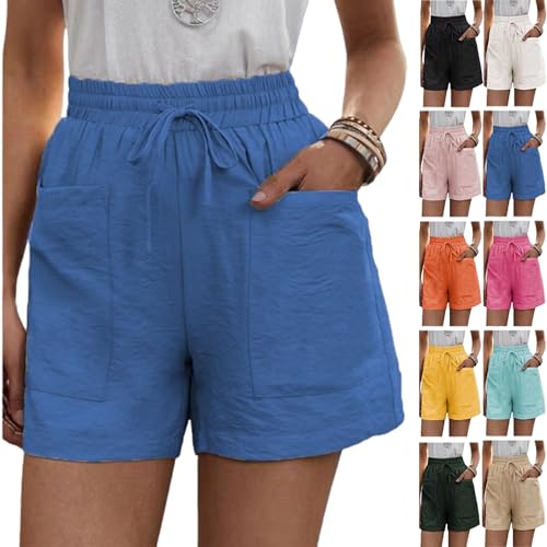 Solide Zwei Taschen, lockere, lässige Kurze Hose, Damen-Shorts aus Baumwollleinen mit Kordelzug, elastischer Taille und Taschen (Large,Blue) von LXYUTY