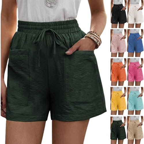 Solide Zwei Taschen, lockere, lässige Kurze Hose, Damen-Shorts aus Baumwollleinen mit Kordelzug, elastischer Taille und Taschen (Large,Green) von LXYUTY