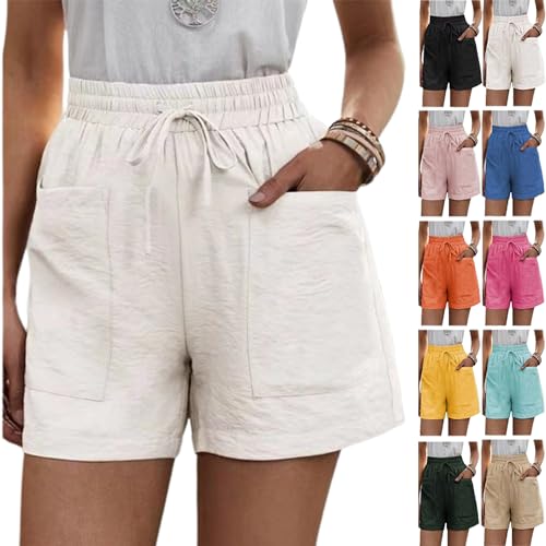 Solide Zwei Taschen, lockere, lässige Kurze Hose, Damen-Shorts aus Baumwollleinen mit Kordelzug, elastischer Taille und Taschen (Large,White) von LXYUTY